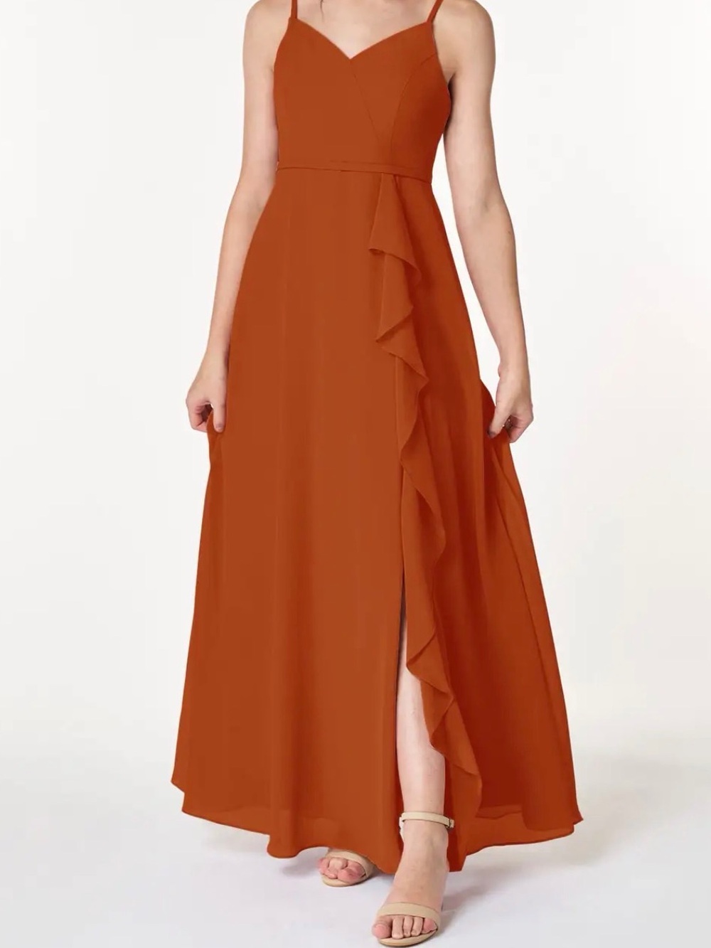 Azazie Rust Spaghetti Strap Ruffle Maxi Dress